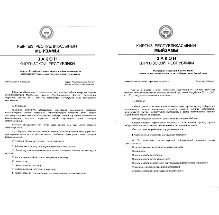 Внесены изменения и дополнения в некоторые законодательные акты Кыргызской Республики